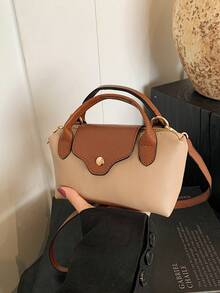 Tas Tangan Mini Desain Colorblock Terbaru, Tas Bahu Kain Nilon Tahan Air, Tas Persegi dan Tas Keranjang, Cocok untuk Bepergian, Pesta, dan Liburan. - Khaki - View 8