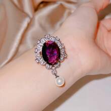 Women's Luxury Oval Purple Zirconia Faux Pearl Brooch Necklace Set
