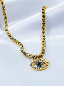 1pc Versatile Vintage Fully Rhinestone Tennis Chain, Crown & Evil Eye Pendant Necklace, Suitable For Men & Women Daily Wear & Elegant Gift