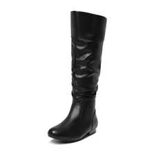 Women's Winter Warm Wide-Calf Knee-High Boots Faux Fur Lined Side-Zip Square-Toe Block-Heel Leather Slouch Boots - Black/PU - View 5