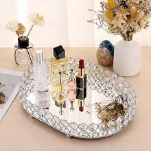 Crystal Vanity Tray Mirrored Dresser Perfume Trays For Makeup Tray Cosmetic Skin Care Storage, Jewelry Trinket Organizer Tray For Bathroom Countertop Home Decor (Medium, Silver) - Silver - View 2