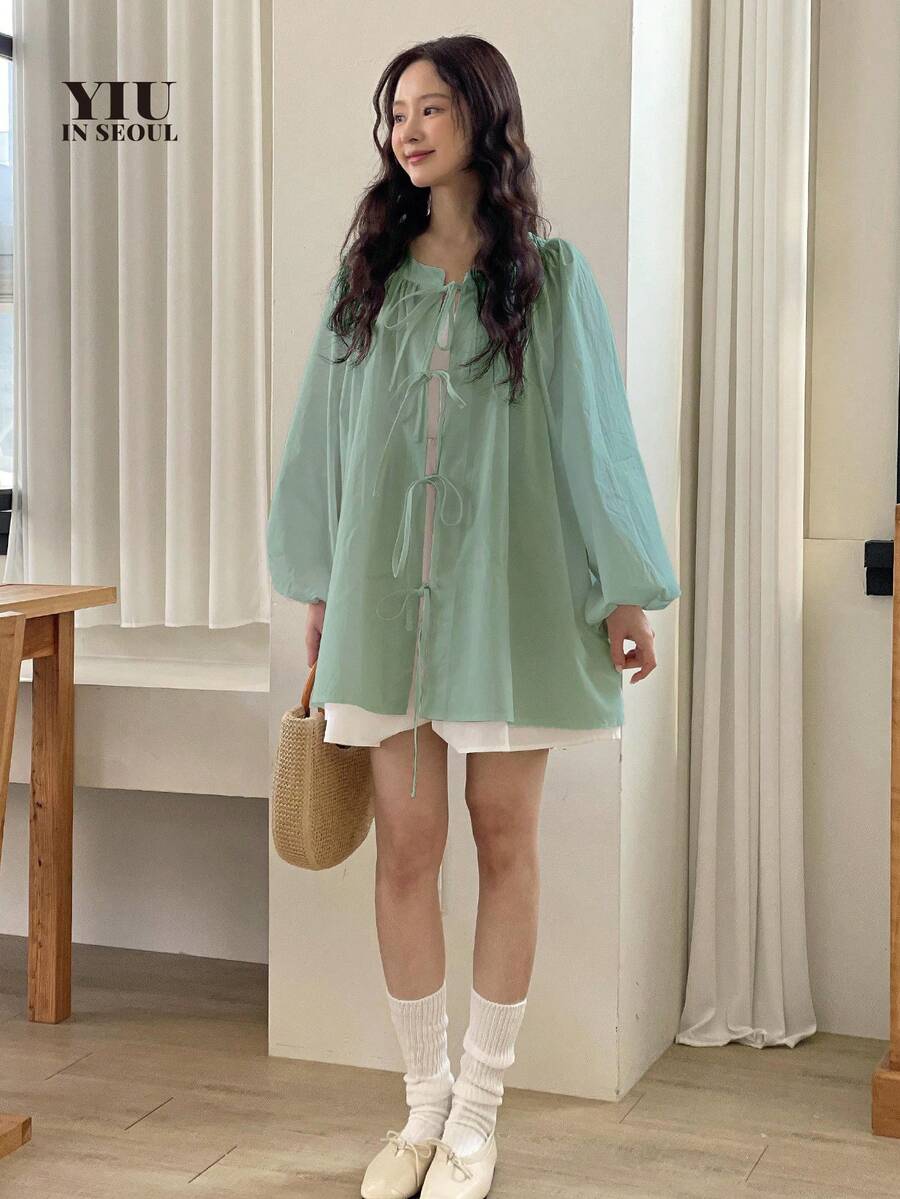 女士宽松多色蝴蝶结领衬衫,配蝴蝶结吊带,春季返校必备单品 - 軍綠色 - 查看 1