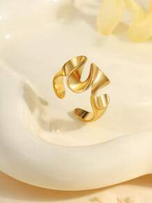 1pc Stainless Steel Simple Minimalist Golden Open Ring, Wavy Design, Suitable For General Public Daily Wear Or Gift