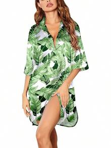 Camisón de satén con botones para mujer Ekouaer, camisa de dormir de seda con mangas 3/4, camisón informal con cuello de solapa, ropa de dormir tallas S-3XL - Hoja blanca - Ver 1