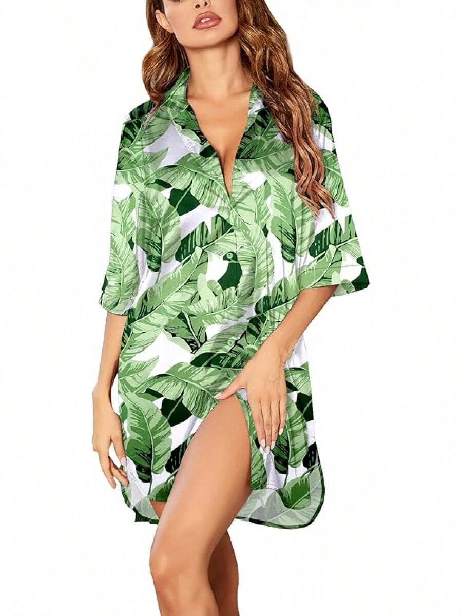 Camisón de satén con botones para mujer Ekouaer, camisa de dormir de seda con mangas 3/4, camisón informal con cuello de solapa, ropa de dormir tallas S-3XL - Hoja blanca - Ver 1