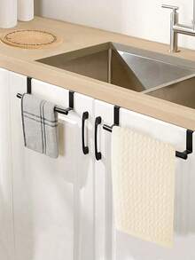 1 pieza Toallero extensible de acero inoxidable sin taladro, colgador sobre la puerta del armario de la cocina para trapos de cocina - Negro - Ver 2