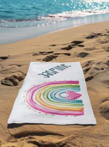Toalla de playa personalizable con texto personalizado y diseño de arcoíris y dibujos animados - Suave, de secado rápido y portátil, artículo esencial para salidas a la playa en verano, regalo perfecto para viajes de graduación y regalo de viaje romántico de regreso a la escuela