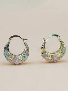 2 件空心圆形耳环套装，采用圣母玛利亚花朵设计，时尚复古金铜耳环，适合女性日常佩戴、派对、节日场合、珠宝礼物 - 金色 - 查看 2