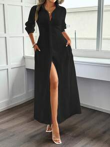 Đầm sơ mi cổ bẻ mùa xuân dành cho nữ của Unadoll, thiết kế cài nút, thắt eo, kiểu cổ mở, thanh lịch và trang nhã, thích hợp cho du lịch, dã ngoại, sinh nhật, buổi tối, hẹn hò, tiệc tùng, ngày Valentine và các dịp khác. Màu đen. - màu đen - Xem 3