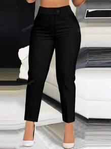 Pantalones casuales de mujer de cintura alta, de unicolor, con botones y cremallera