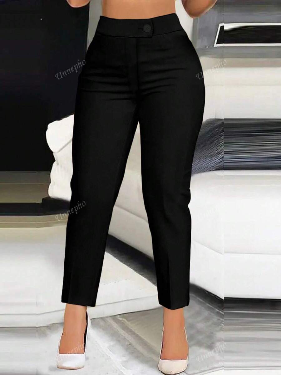 Pantalones casuales de mujer de cintura alta, de unicolor, con botones y cremallera