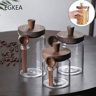 1 Pc - 400ml To 900ml Glass Jar Container With Wooden Lid And Spoon, Transparent Jar Set, Spoon Included, For Kitchen Food Storage, Coffee, Tea, Sugar, Decorative Countertop Canister, Kitchen Supplies, Gift For Family