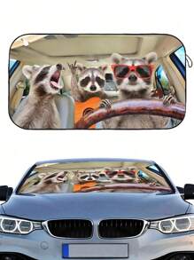 1pc Cute Raccoon Pattern Car Sunshade, Fashionable And Fun Auto Accessory, Made Of Polyester Fiber, Effectively Blocks UV Rays, Provides Heat Insulation And Privacy Protection, Foldable For Easy Storage