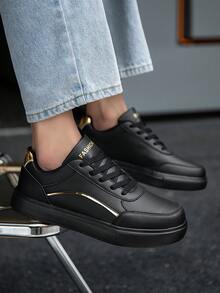 男士休闲撞色条纹细节拼接平底运动鞋小众百搭字母图形图案舒适情侣运动鞋