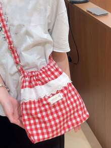 韩版温柔蕾丝边布艺托特包，百搭时尚通勤上班休闲大容量单肩包，格纹斜挎包 - 紅色 - 查看 3