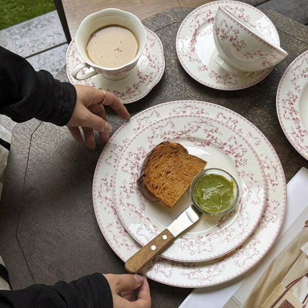 1 pieza Juego de taza y plato de café estilo francés vintage en rosa con moño, plato de pan para desayuno, plato de postre, plato para steak y pasta, juego de taza y platito de café, taza para arte de latte, taza de agua para el hogar