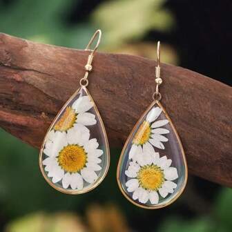 复古波西米亚风干花耳环，可爱手工树脂雏菊压花水滴形和圆形耳环，手工泪滴向日葵配饰，适合女性女友，防过敏设计，适合女性日常穿着和特殊场合、度假、新娘送礼会礼物，婚礼、派对、情人节、生日、周年纪念礼物