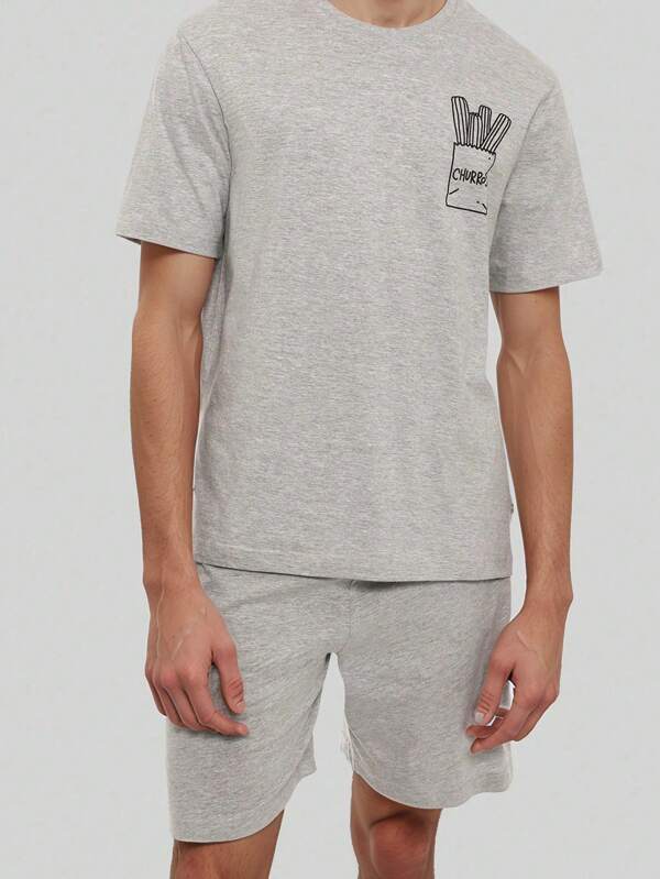 2pcs Men's Summer Casual Lounge Set - Crew Neck Cartoon Print Short Sleeve Top And Shorts, Simple Sleepwear Suit