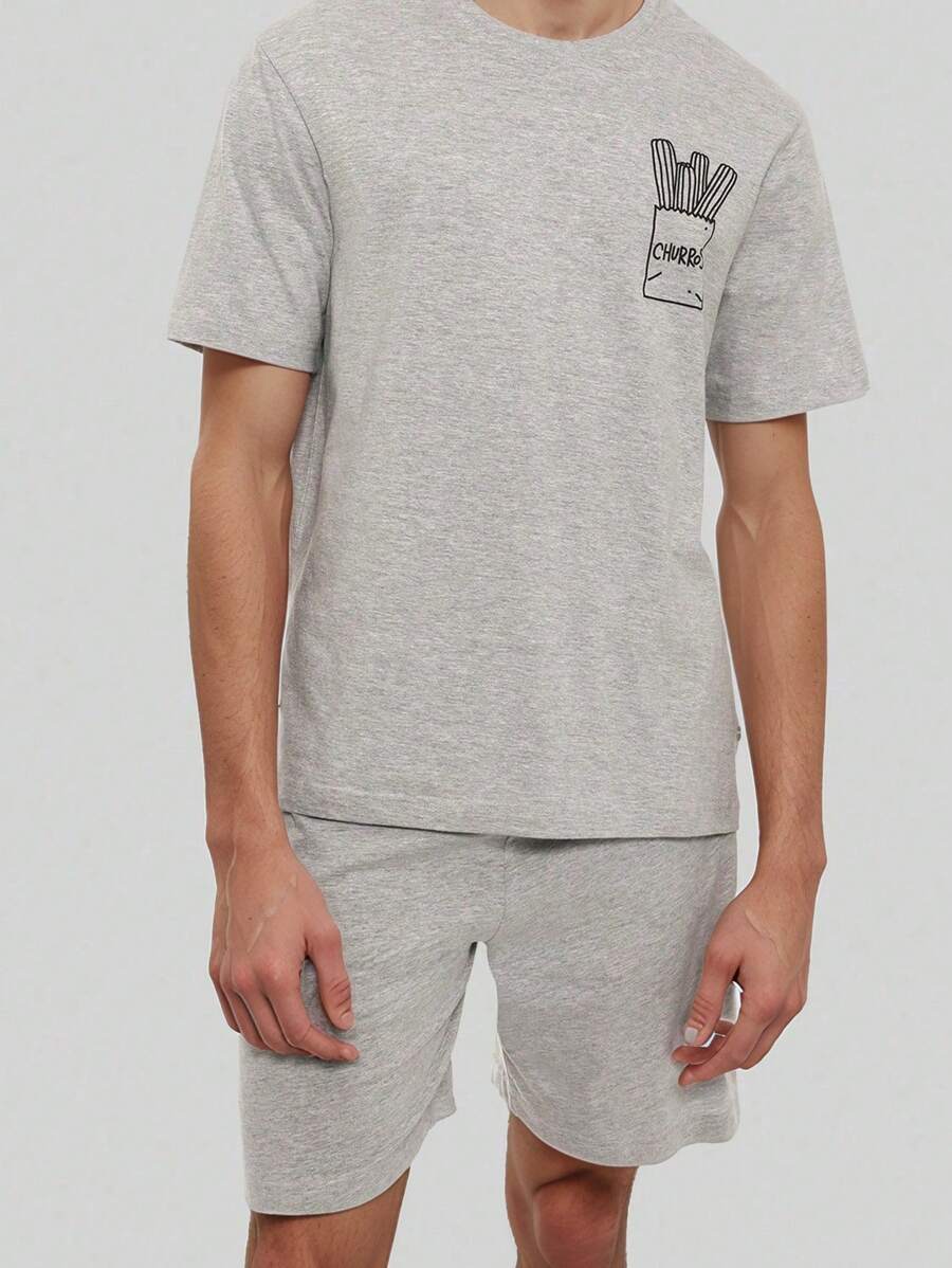 2pcs Men's Summer Casual Lounge Set - Crew Neck Cartoon Print Short Sleeve Top And Shorts, Simple Sleepwear Suit