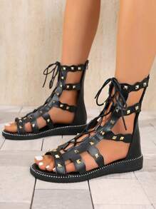 Women's Flat Roman Sandals, Fashionable Lace-Up Flat Sandals, Rubber Sole, Rivet Design