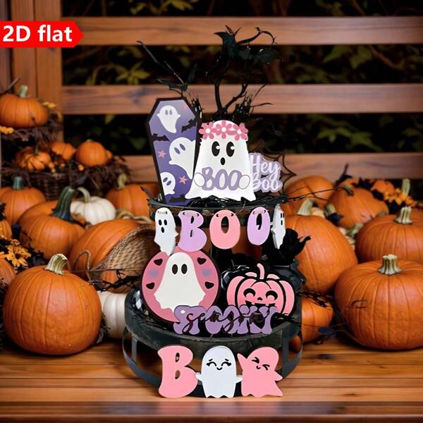 14pcs Halloween Desktop Decoration Set, Wooden Plaque & Plaque Making - Standalone Horror Silhouette Designs For Festival Decor, Multi-Functional English Letter Ghost & Pumpkin Designs
