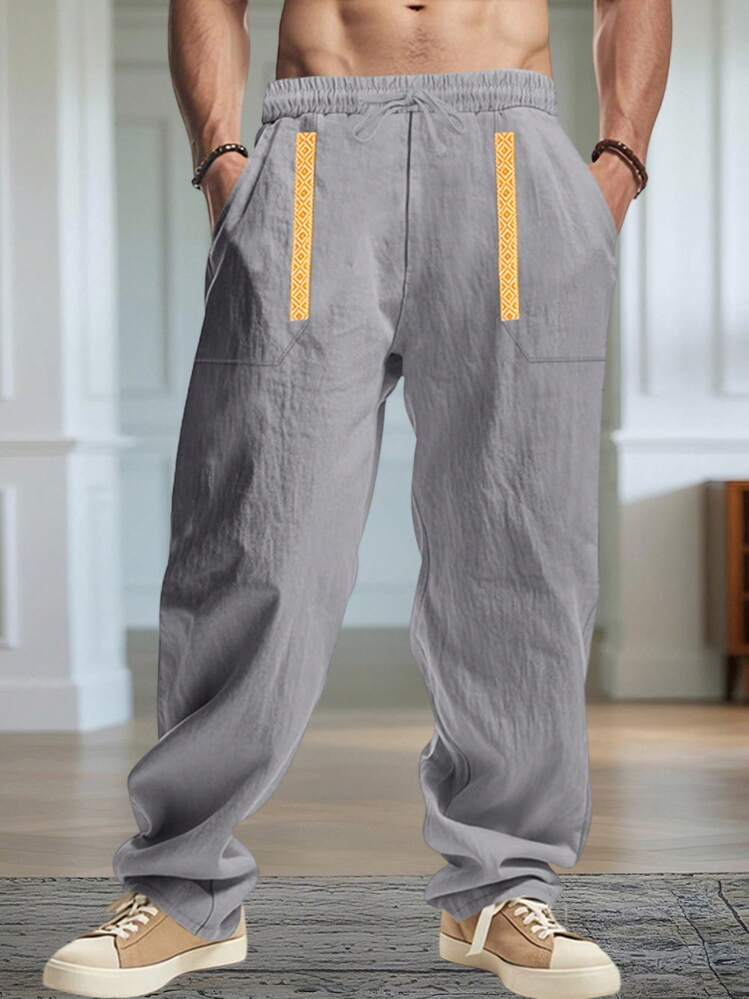 Men's Drawstring Linen Pants With Pockets Stylish Geometric Embroidery Casual Mid Rise Wide Leg Trousers For All Seasons - 灰色 - 查看 1