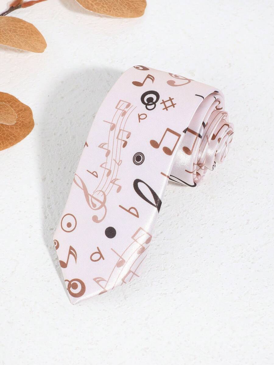 1 件男士休闲卡其色音符和高音谱号领带，适合派对、舞台表演、音乐节服装男士领带 - 卡其色 - 查看 1