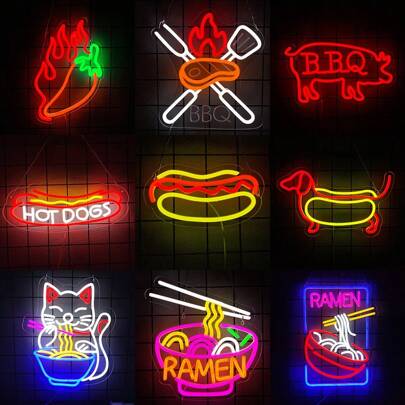 Letrero de neón de Ramen, diseño vibrante de fideos ramen, señales de iluminación LED de perro caliente y barbacoa para decoración del hogar, tienda de comida rápida, tienda, cocina, dormitorio, bar, restaurante, decoración de pared de la tienda de fideos, se puede volver a utilizar y es fácil de instalar con alimentación por USB.