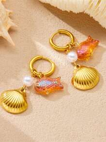 1 Pair Of Gold-Plated Cartoon Stainless Steel Small Fish Accessory Pendant Long Hanging Scallop Women's Earrings