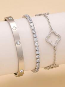 Pulsera de acero inoxidable con trébol de cuatro hojas de circonita en estilo retro personalizado, joyería de uso diario para mujeres