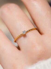 1 件不锈钢方晶锆石镶嵌简约精致星形戒指，奢华优雅，适合女性 - 迷你小鑽戒指 - 查看 3