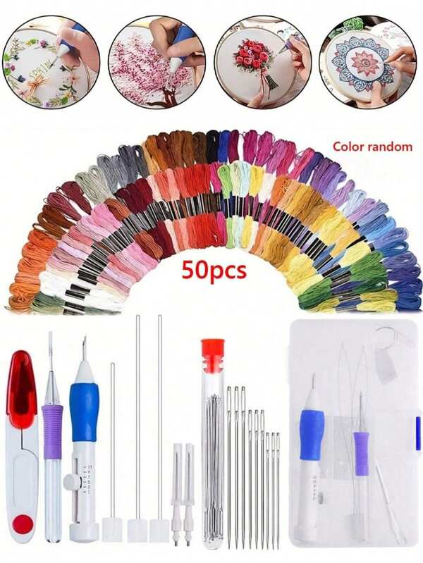 1 Set Kit de Bordado con Aguja de Punch y Caja de Almacenamiento, Bolígrafos de Bordado, Agujas de Bordado para Ropa, Herramientas de Costura (Color Aleatorio)