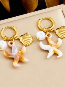 1 par de pingentes de pérola estrela-do-mar em aço inoxidável banhado a ouro, acessórios para brincos redondos pendurados