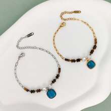 1pc Women's Blue Natural Stone Beaded Bracelet, Summer Fashion Jewelry