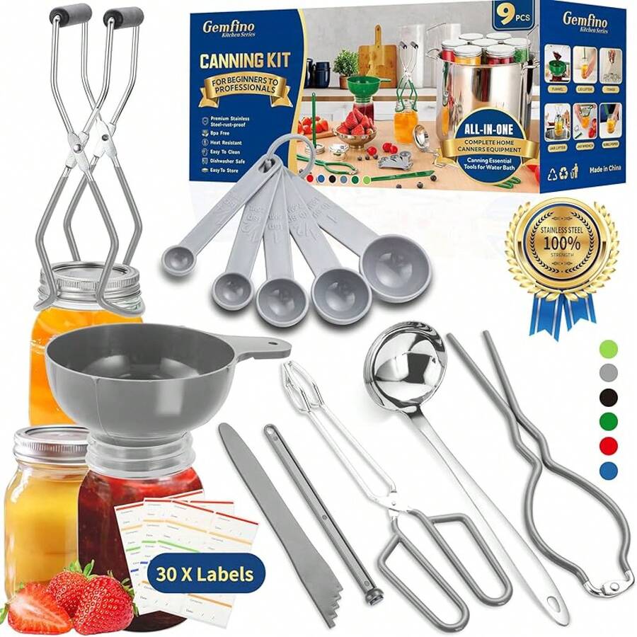 Glow HavenCanning Supplies Starter Kit,Canning Kit Beginners Of 9 With Jar Lifter,Wide Mouth Funnel,Wrench,Tongs,Lid Lifter,Bubble Popper,Canning Labels,Ladle,Measuring Spoon-Blue - 灰色 - 查看 1