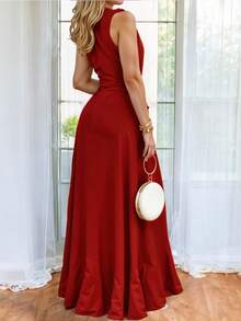 Vestido Largo de Hombros Descubiertos con Escote en V Profundo y Volantes Delicados con Abertura Lateral Alta en Pierna y Cinturón Ajustable Elegante para Mujer - Rojo - Ver 2