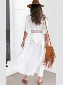 Women Bikini Cover Up, Solid Color Hollow Waist Short Sleeve Long Cover Up, Cardigan Straps Tie Loose Dress For Swimming Wears