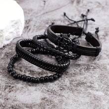 4pcs Boho Style Multi-Layer PU Leather & Wax Rope Braided Bracelet With Wooden Beads & Anchor Pendant, Adjustable Size