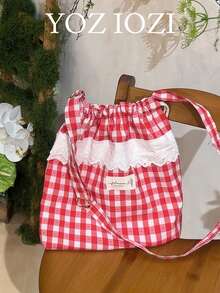 韩版温柔蕾丝边布艺托特包，百搭时尚通勤上班休闲大容量单肩包，格纹斜挎包 - 紅色 - 查看 1