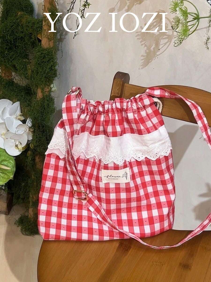 韩版温柔蕾丝边布艺托特包，百搭时尚通勤上班休闲大容量单肩包，格纹斜挎包 - 紅色 - 查看 1