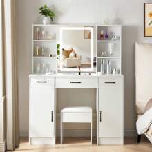 Large Vanity Set LED Lighted Mirror Dressing Makeup Table 3 Drawers Stool Dressing Table Stool Set With Smart LED Mirror Makeup Vanity Desk