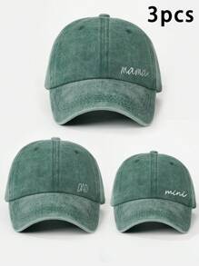 3pcs Embroidered "Mama + Dad + Mini" Matching Washed Baseball Caps, Adjustable Outdoor Sun Protection Casual Hats For Boys & Girls, Suitable For Spring, Autumn, Travel, Beach