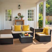5 Pieces Patio Furniture Sets All Weather Outdoor Sectional Patio Sofa Manual Weaving Wicker Rattan Patio Seating Sofas With Cushion And Glass Table,Freely Combined - Màu be (phiên bản cải tiến) - Xem 3