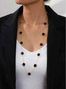 1 peça colar longo com pingente de trevo da sorte preto elegante para mulheres, uso diário versátil