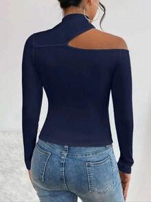 Women's T-Shirt Blouse Suplex Fabric Long Sleeve High Neck Asymmetrical Cut Ideal For Meetings And Casual Use - 藏蓝色 - 查看 6