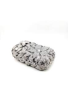Luxury Silver Crystal Hollow Diamond Metal Evening Clutch Bag Floral Designer Rhinestone Handbag For Women Wedding Bride/Prom/Evening Party - Silver - View 8