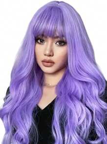1pc Women's Purple Wavy Synthetic Wig With Bangs, Long Curly Hair, Elegant Style, 150% Density, Heat Resistant Fiber, Suitable For Cosplay, Halloween, Music Festivals, Daily Use - All Races