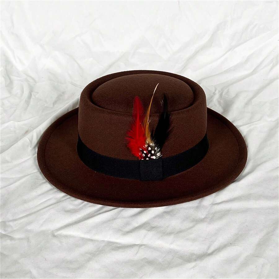 Men Fedora Hat With Feather Wool Felt Cap Top Hat For Daily Stages Costume Accessories - Cà phê nâu - Xem 1
