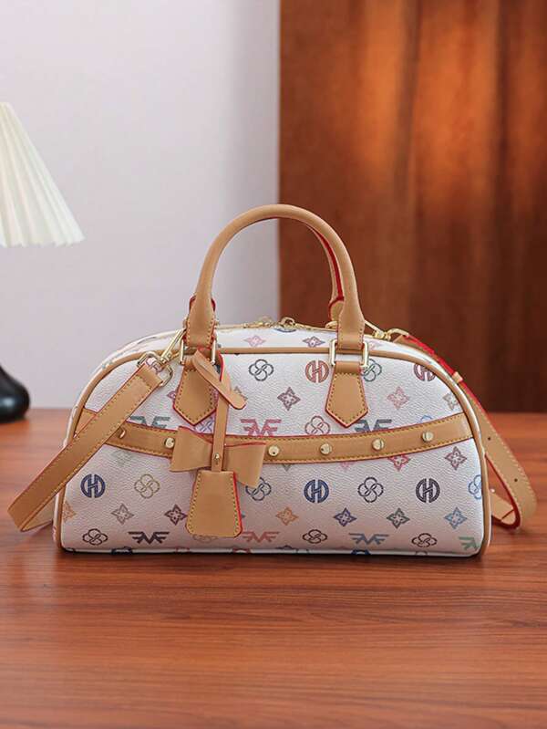 Bolsa Boston com Decoração de Laço, Design de Bolsa de Boliche Colorida com Alça de Ombro Removível - Bolsa Multiuso para Festa, Viagem, Ir ao Trabalho, Compras, Pode ser Usada como Bolsa a Tiracolo, Bolsa de Festa, Item Luxuoso Ornamentado, Ferragens Douradas