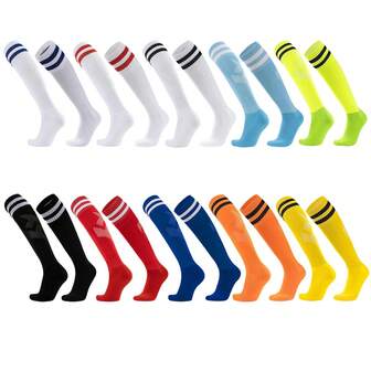 1 Pair Solid Color Double Striped Over-The-Knee Football Socks, Men's Sports Soccer Match Training Breathable Calf Protection, Multi-Colors Available, Suitable For All Seasons